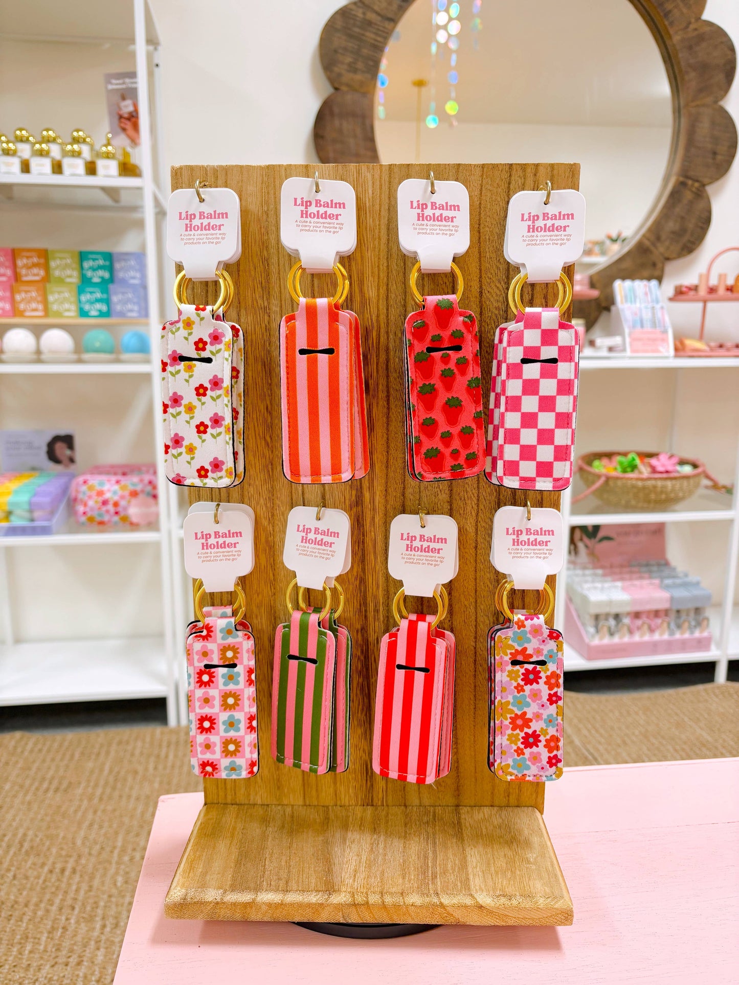 Lip Balm Keychain Holder - Happy Striped Floral