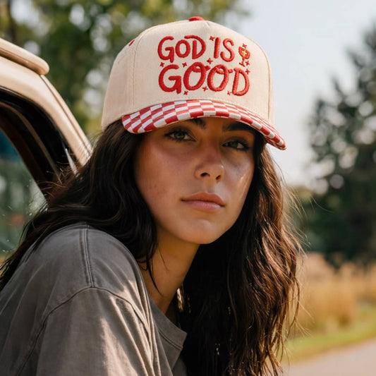 GOD IS GOOD Embroidered Checkered Brim Trucker Hat