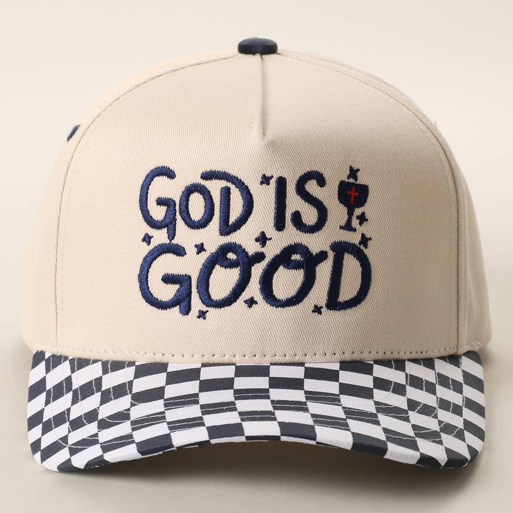 GOD IS GOOD Embroidered Checkered Brim Trucker Hat