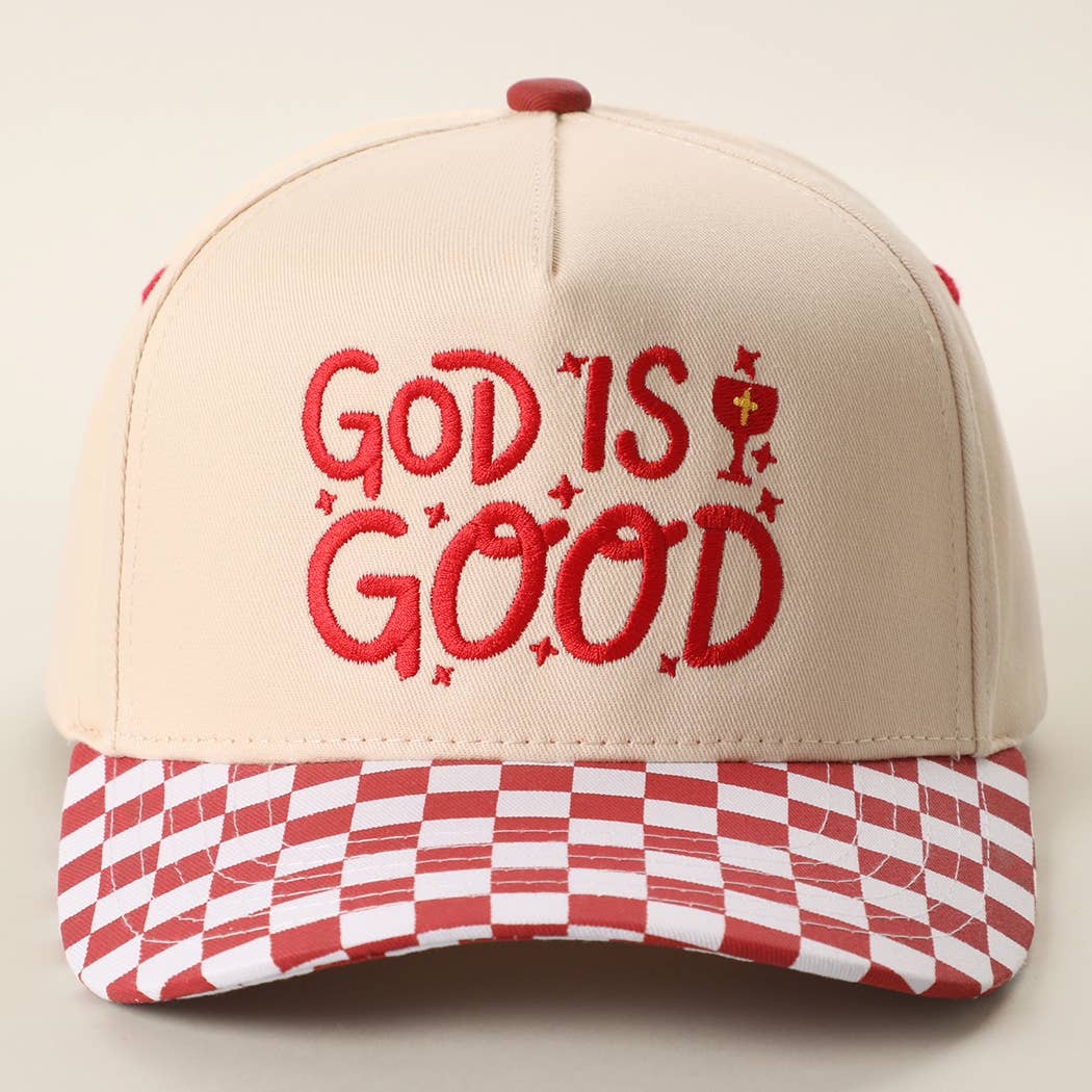 GOD IS GOOD Embroidered Checkered Brim Trucker Hat
