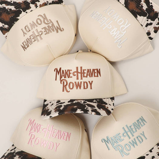 MAKE HEAVEN ROWDY Embroidered Cow Print Brim Trucker Hat