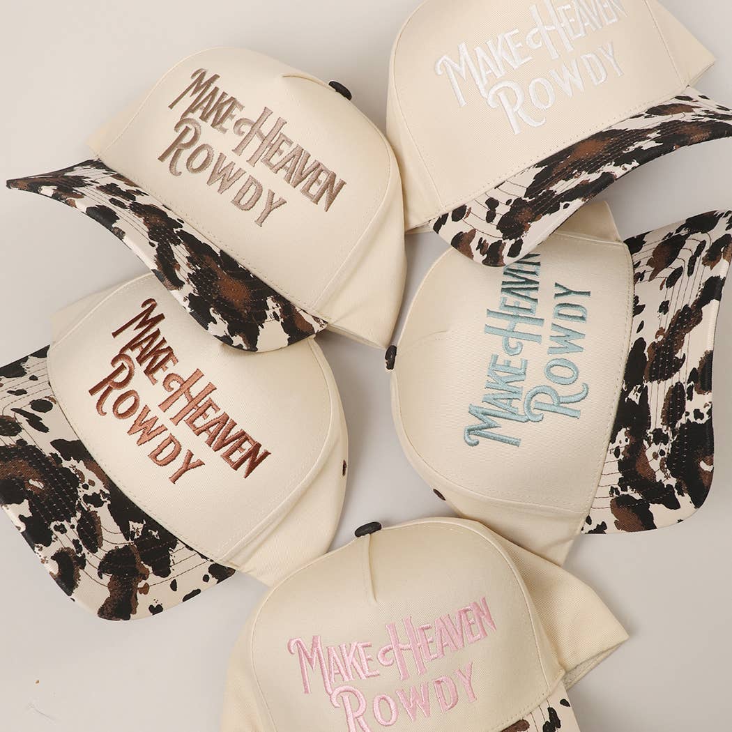 MAKE HEAVEN ROWDY Embroidered Cow Print Brim Trucker Hat