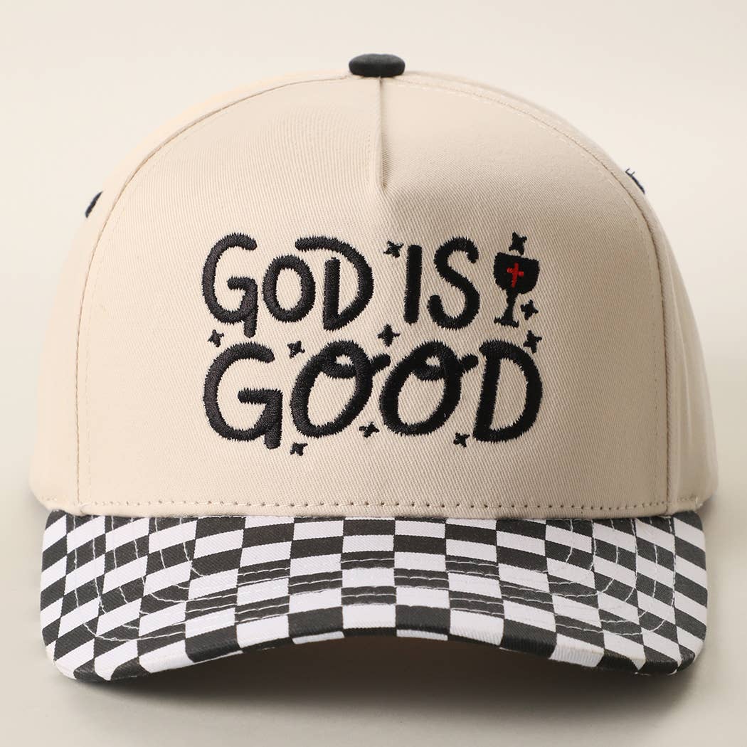 GOD IS GOOD Embroidered Checkered Brim Trucker Hat