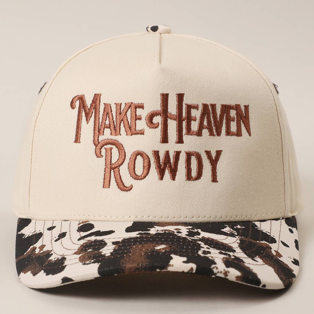 MAKE HEAVEN ROWDY Embroidered Cow Print Brim Trucker Hat
