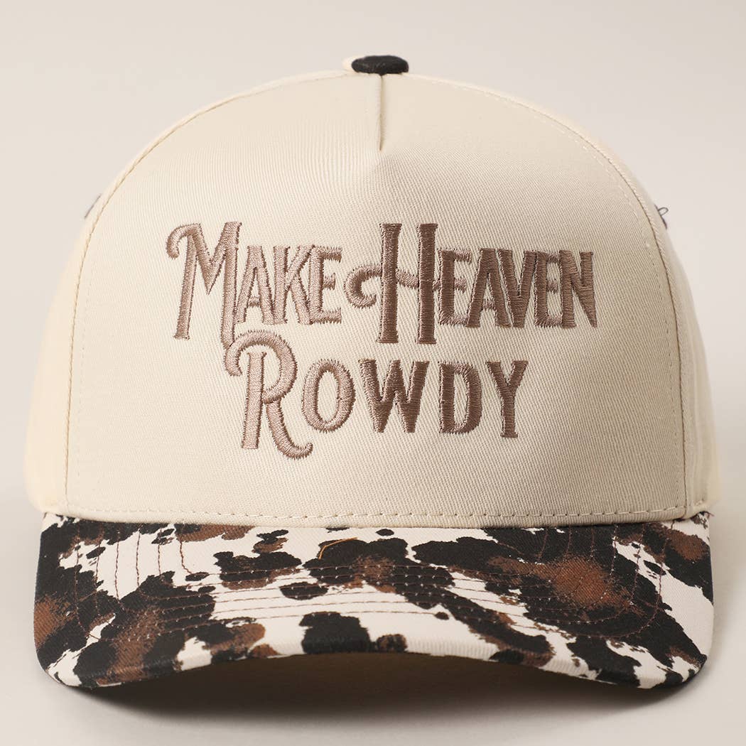 MAKE HEAVEN ROWDY Embroidered Cow Print Brim Trucker Hat