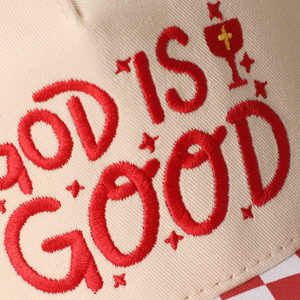 GOD IS GOOD Embroidered Checkered Brim Trucker Hat