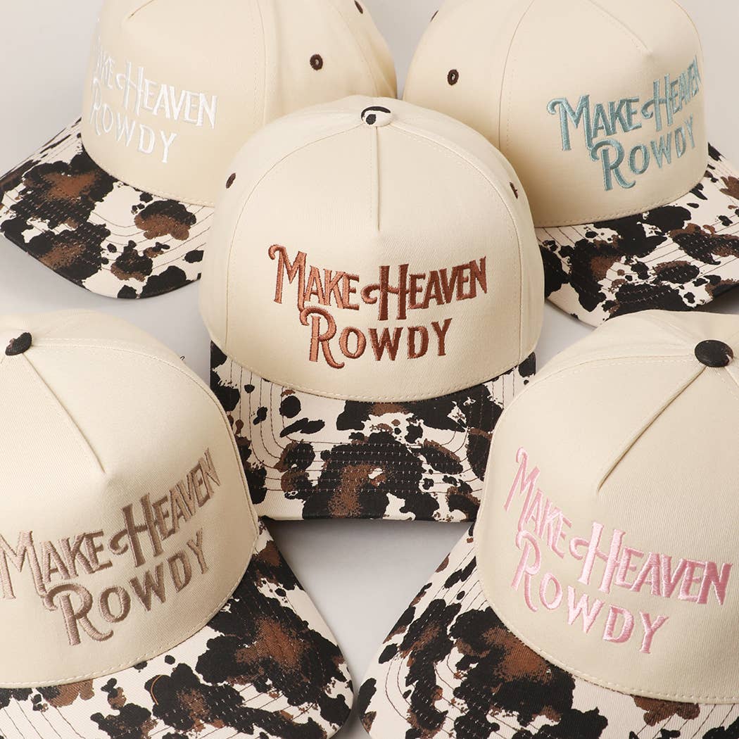 MAKE HEAVEN ROWDY Embroidered Cow Print Brim Trucker Hat