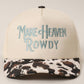 MAKE HEAVEN ROWDY Embroidered Cow Print Brim Trucker Hat