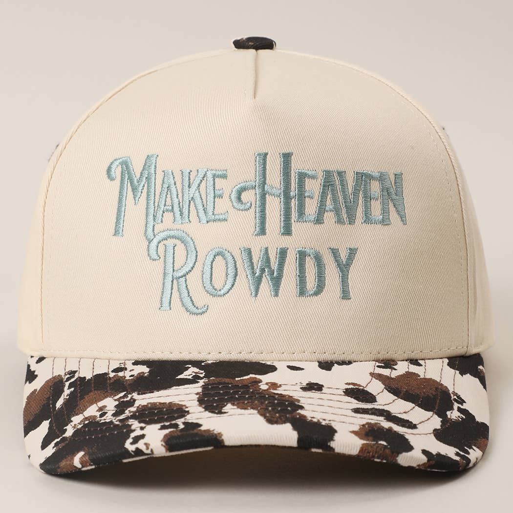 MAKE HEAVEN ROWDY Embroidered Cow Print Brim Trucker Hat