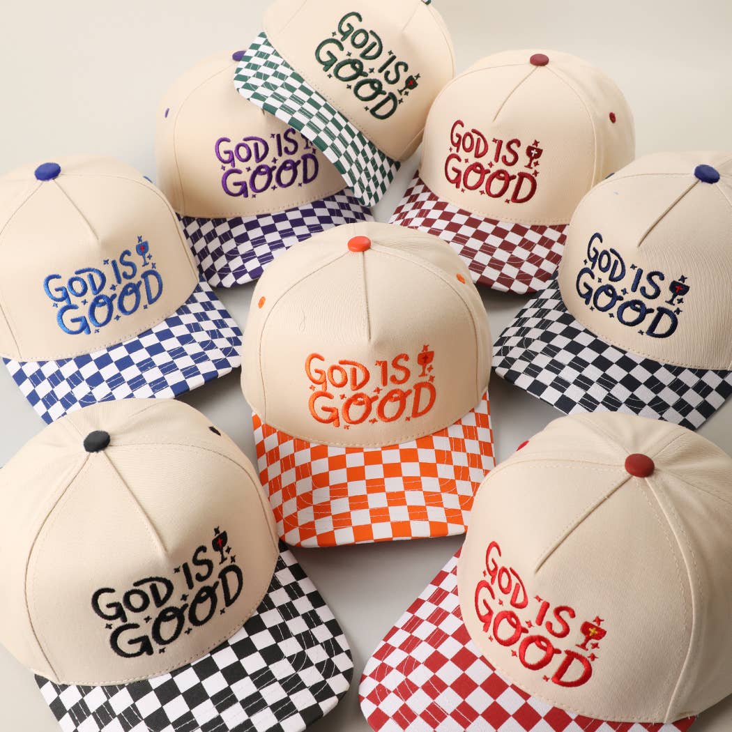 GOD IS GOOD Embroidered Checkered Brim Trucker Hat