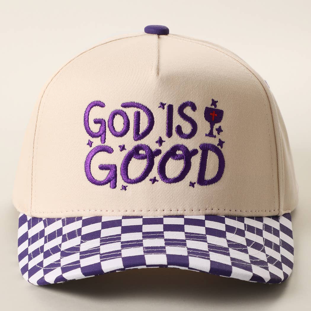 GOD IS GOOD Embroidered Checkered Brim Trucker Hat