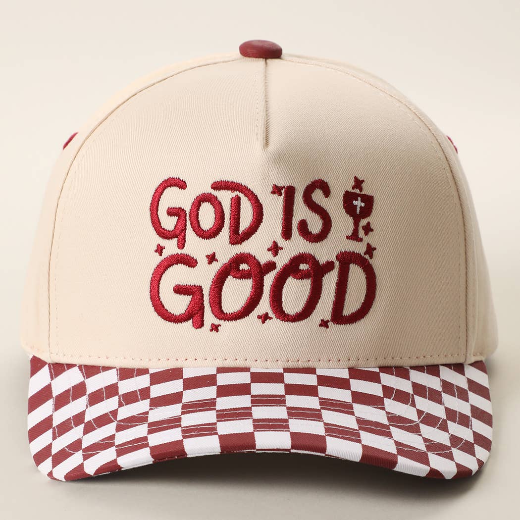 GOD IS GOOD Embroidered Checkered Brim Trucker Hat