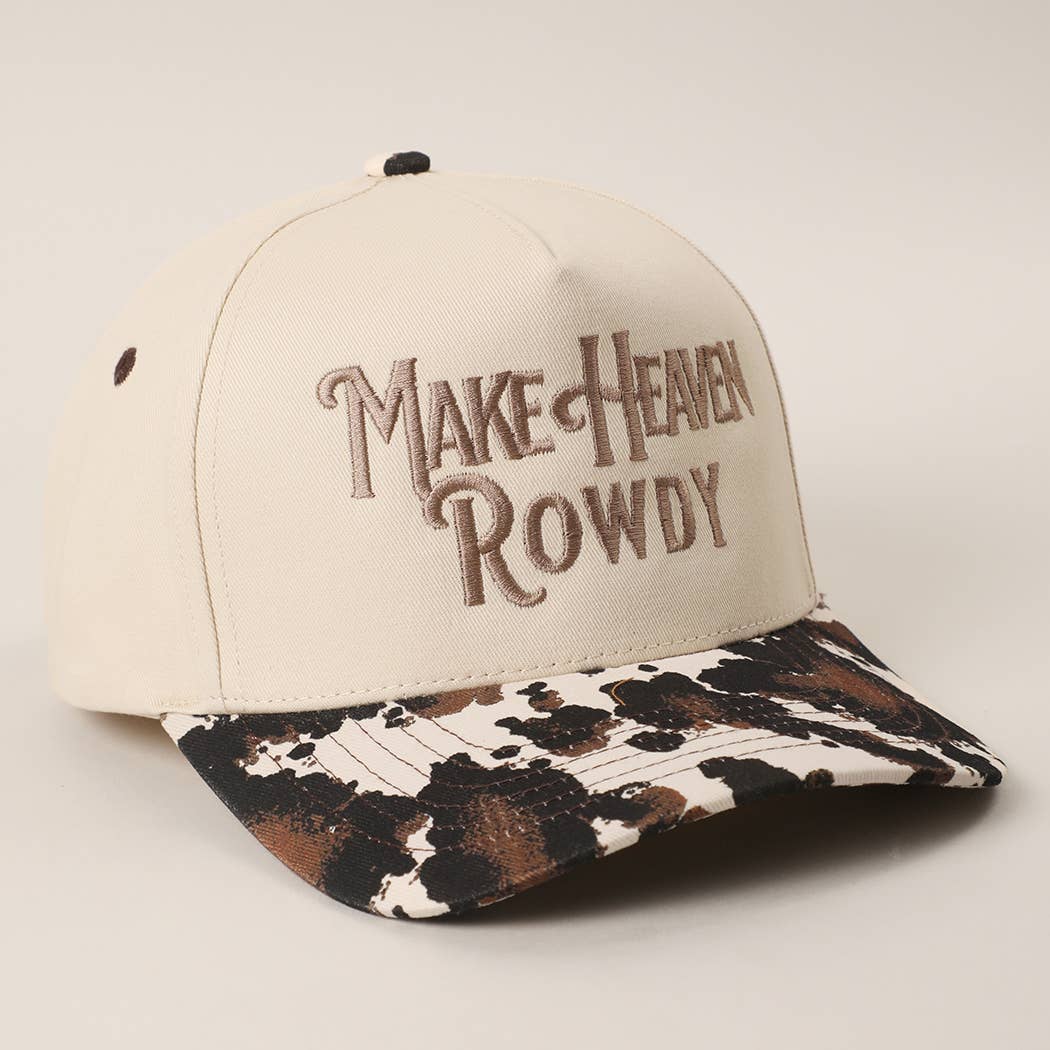 MAKE HEAVEN ROWDY Embroidered Cow Print Brim Trucker Hat
