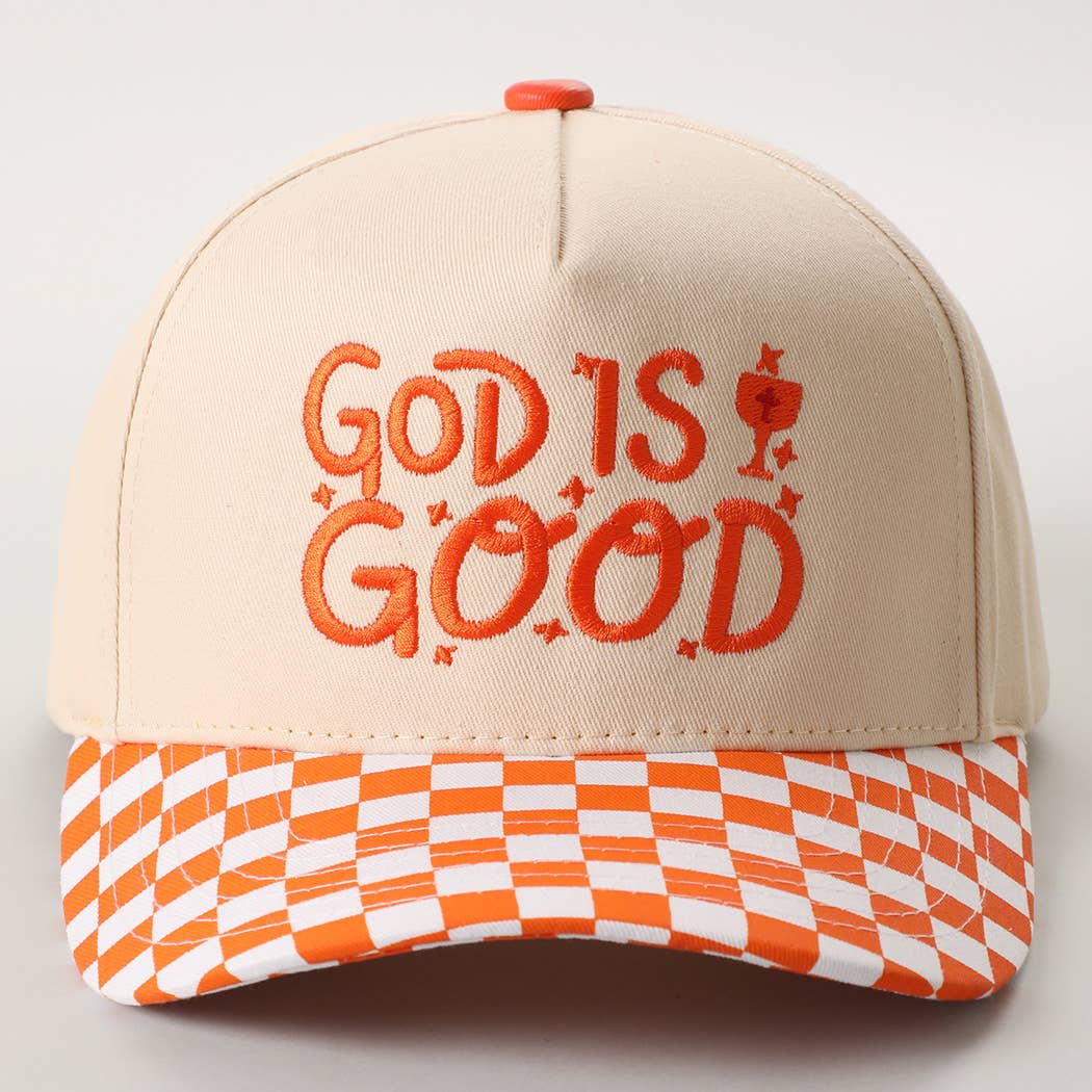 GOD IS GOOD Embroidered Checkered Brim Trucker Hat