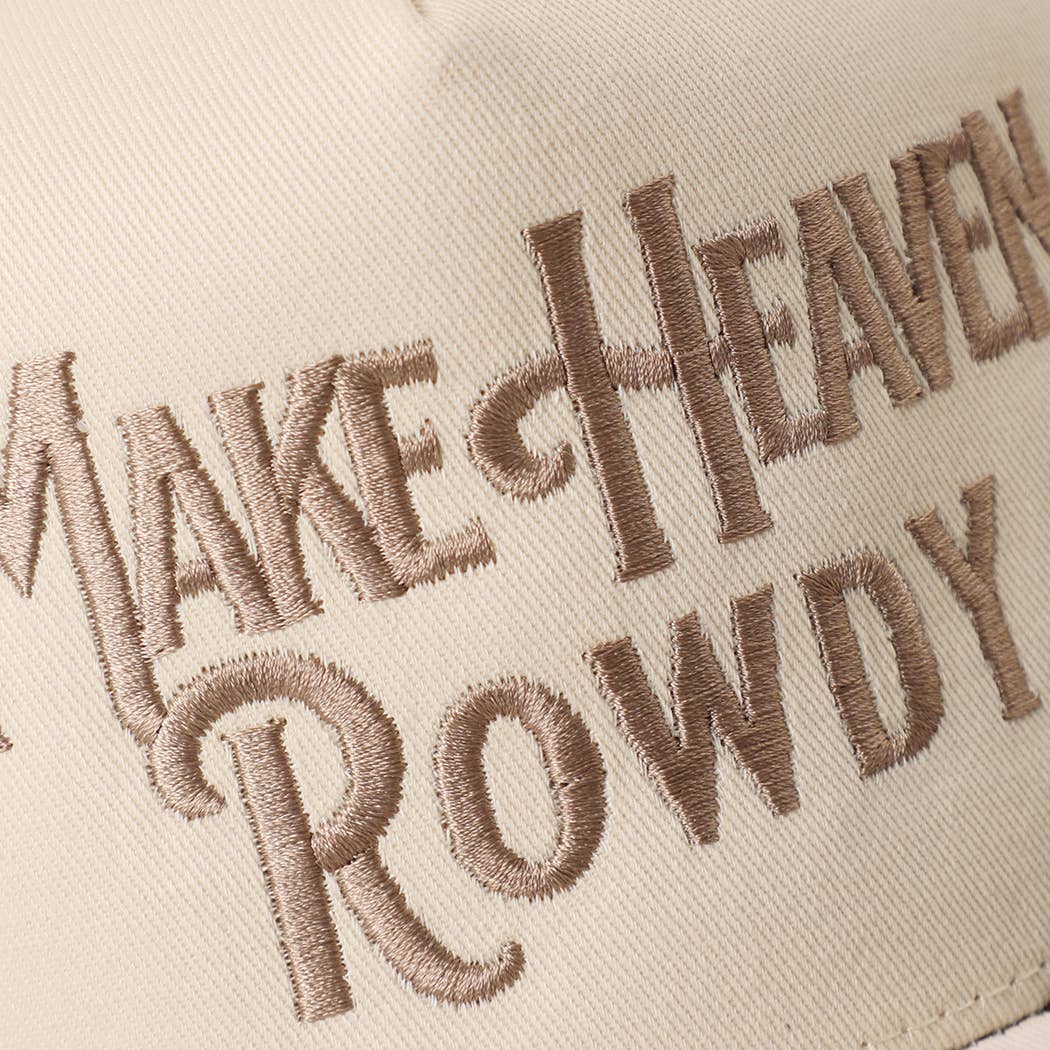 MAKE HEAVEN ROWDY Embroidered Cow Print Brim Trucker Hat